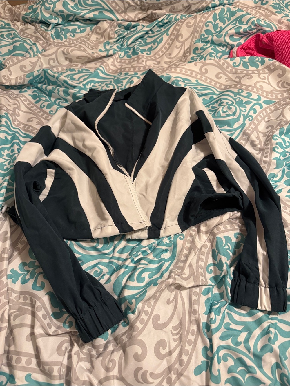 Striped Cropped Windbreaker Jacket with pants in green and Cream